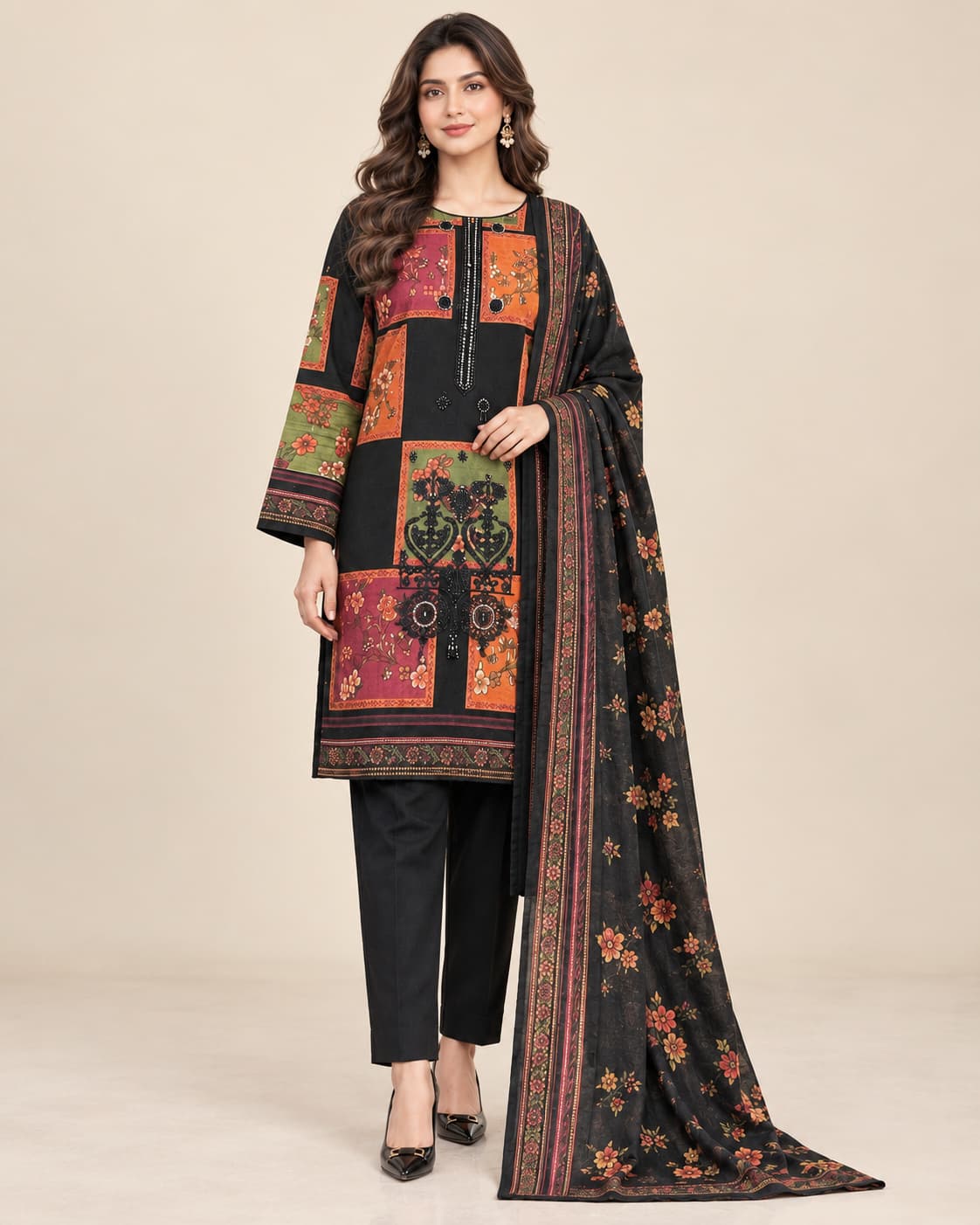 Black Patchwork Dhanak Unstitched 3 Piece Suit front view - Zaylena Wear