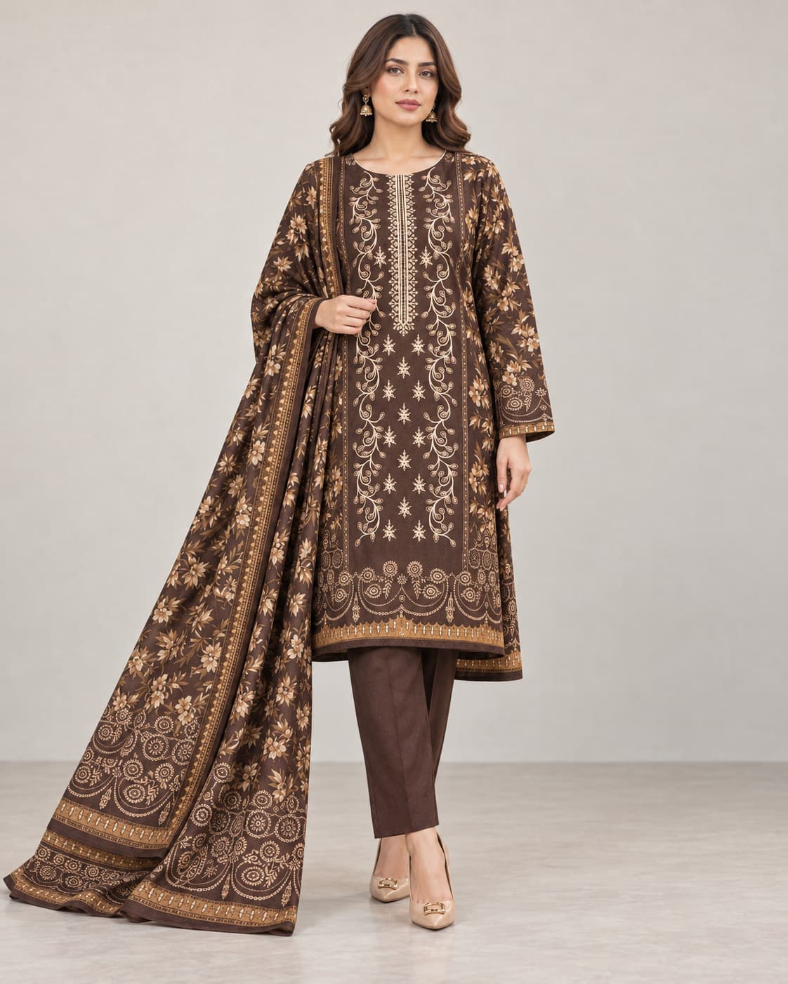 Chocolate Dhanak Unstitched 3 Piece Suit front view - Zaylena Wear