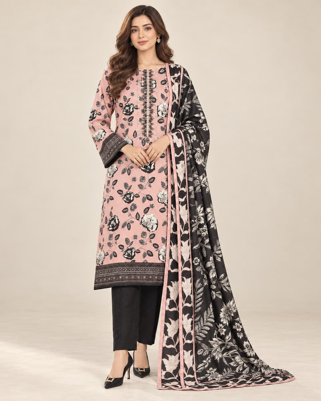 Dusty Pink Dhanak Unstitched 3 Piece Suit front view - Zaylena Wear