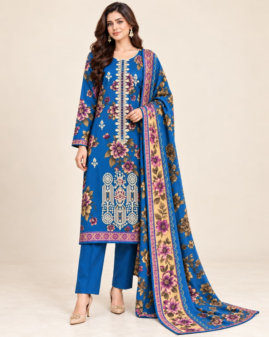 Peacock Blue Dhanak Unstitched 3 Piece Suit front view - Zaylena Wear