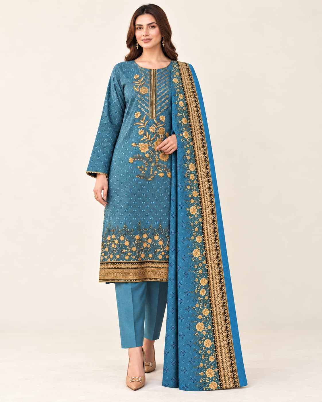 Petrol Teal Dhanak Unstitched 3 Piece Suit front view - Zaylena Wear