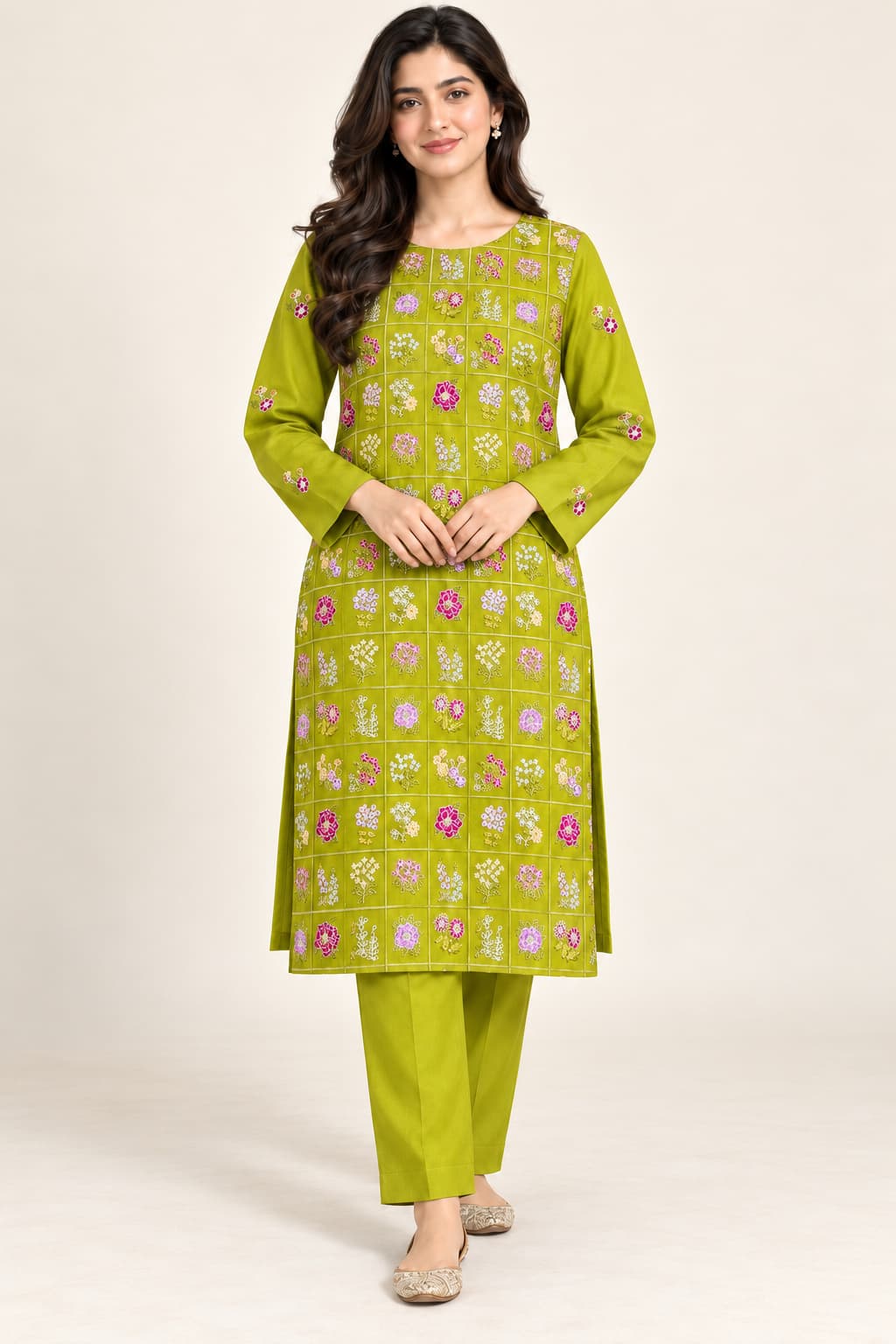 Chartreuse Embroidered Dhanak Unstitched 2 Piece Suit front view - Zaylena Wear