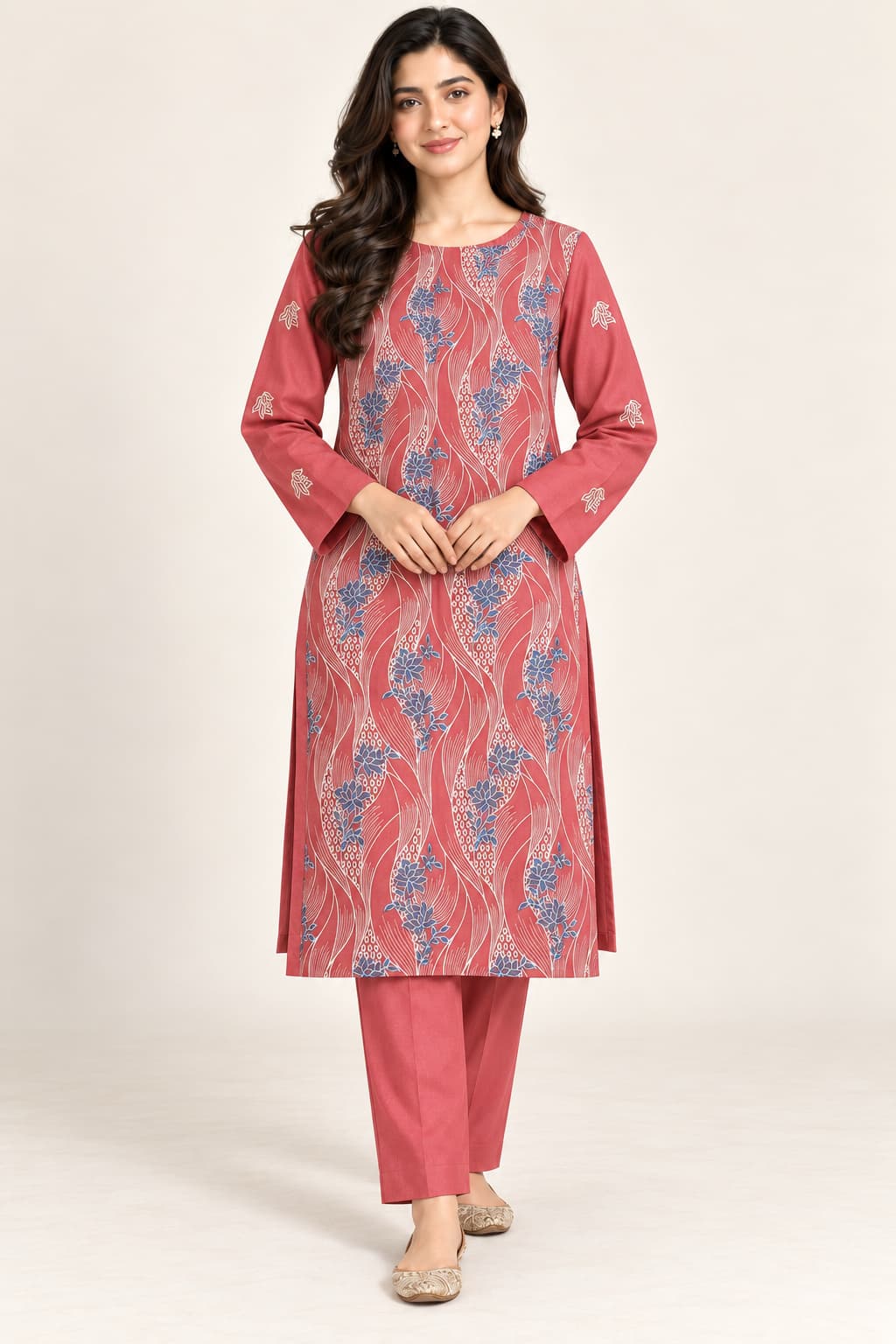 Coral Embroidered Dhanak Unstitched 2 Piece Suit front view - Zaylena Wear
