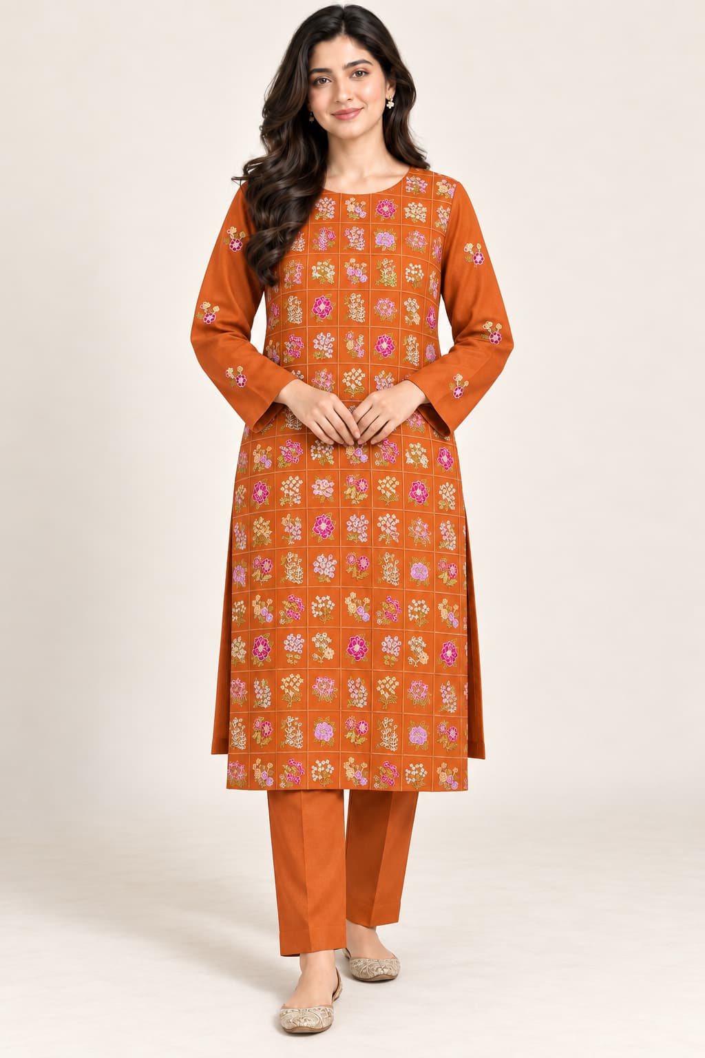 Orange Embroidered Dhanak Unstitched 2 Piece Suit front view - Zaylena Wear