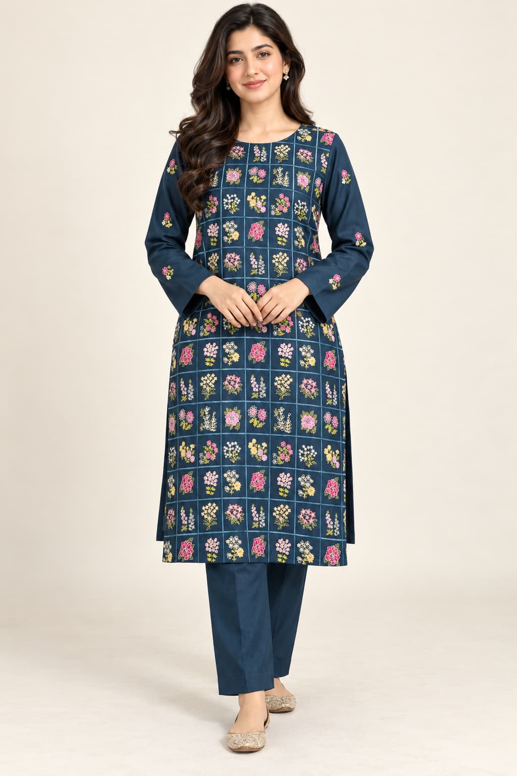 Navy Blue Embroidered Dhanak Unstitched 2 Piece Suit front view - Zaylena Wear