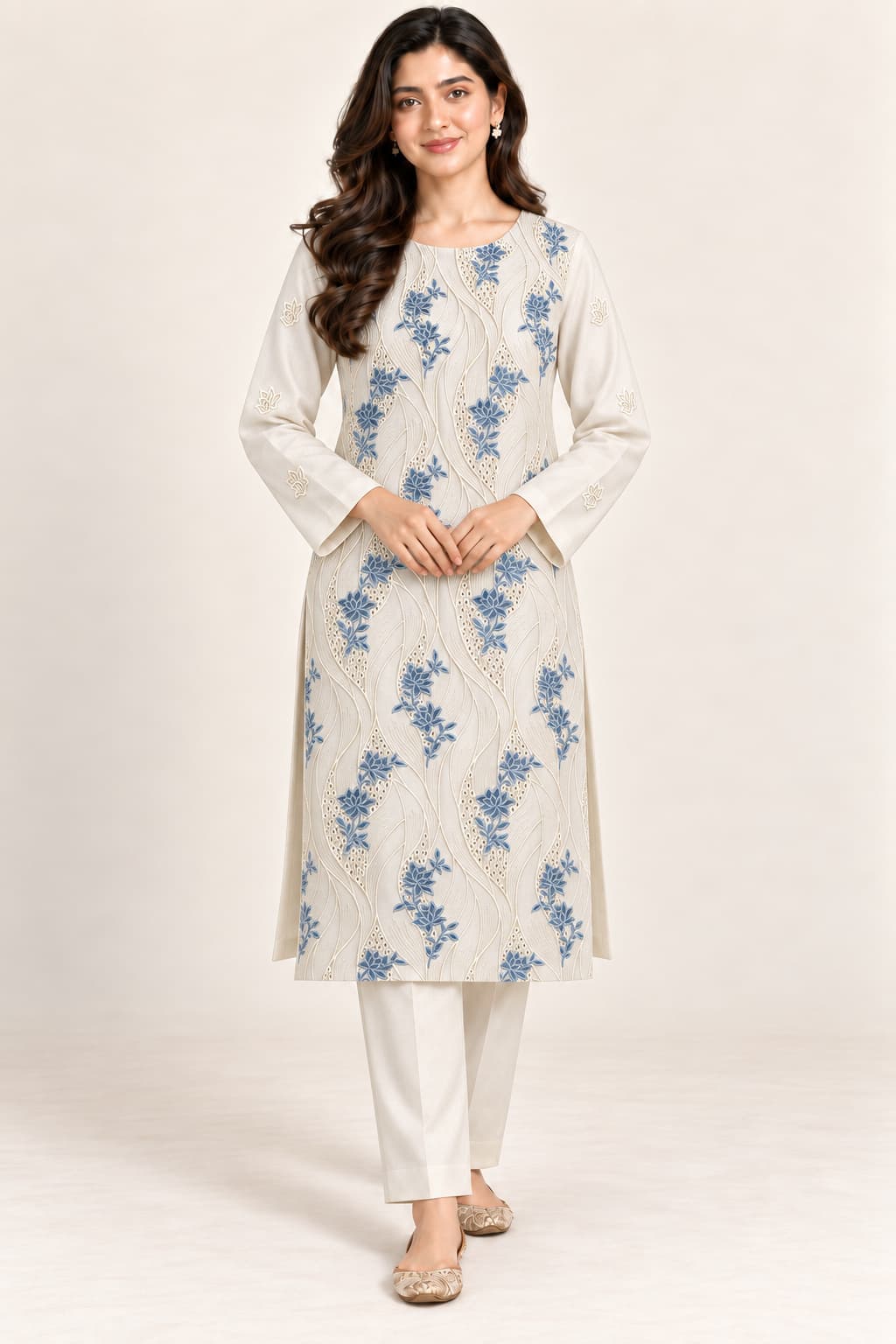 Ivory & Blue Embroidered Dhanak Unstitched 2 Piece Suit front view - Zaylena Wear