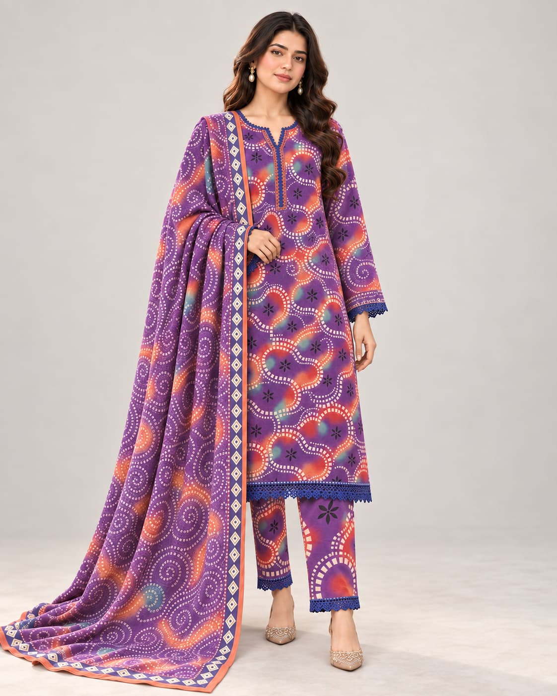 Purple Geometric Khaddar Unstitched 3 Piece Suit front view - Zaylena Wear