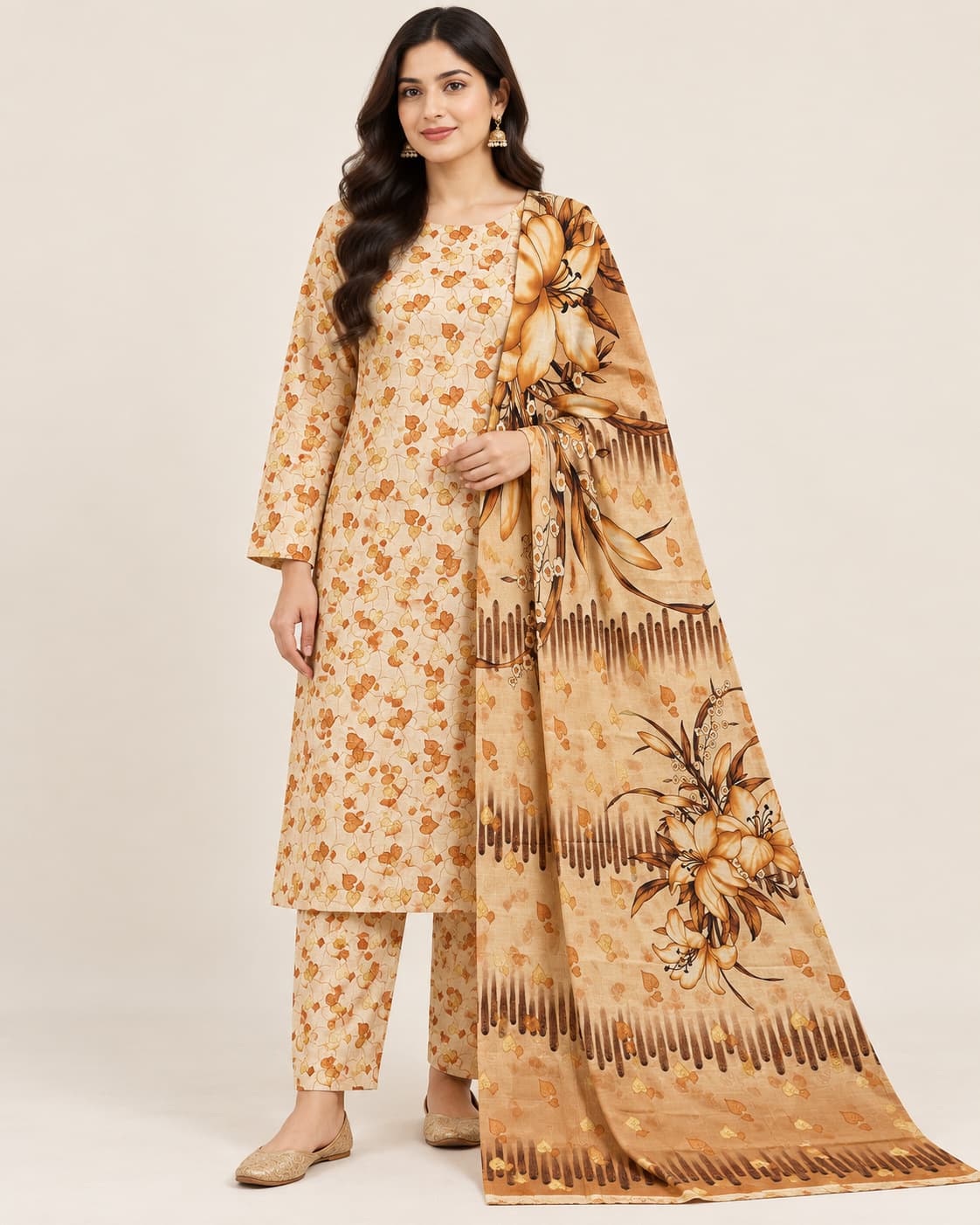 Caramel Floral Khaddar Unstitched 3 Piece Suit front view - Zaylena Wear