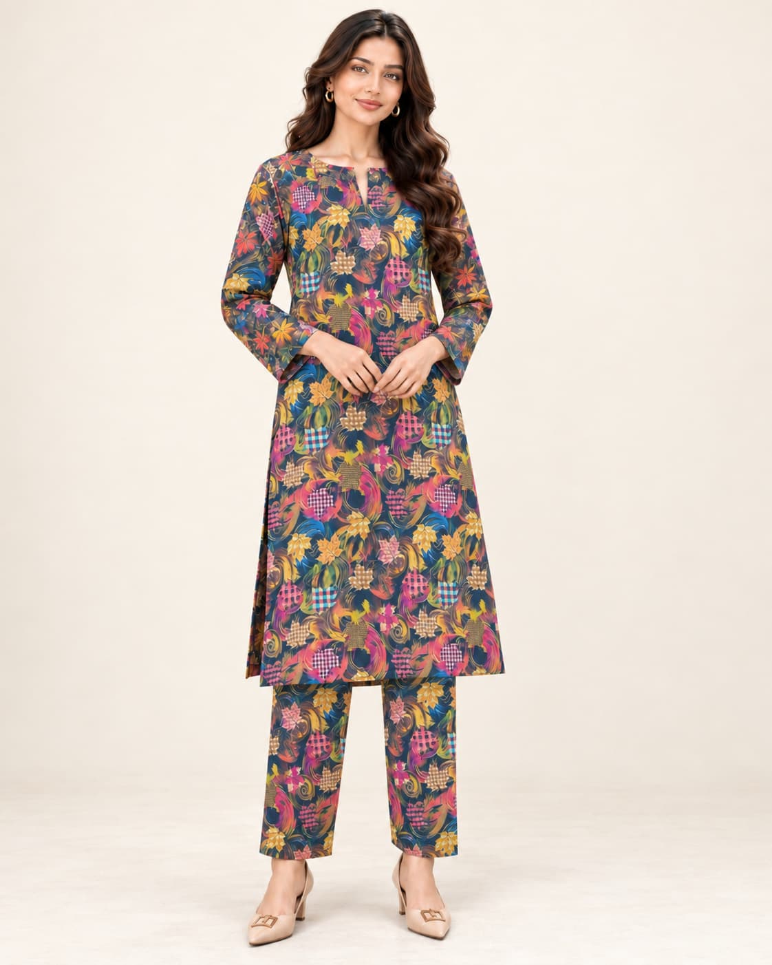 Checked Maple Khaddar Unstitched 2 Piece Suit front view - Zaylena Wear