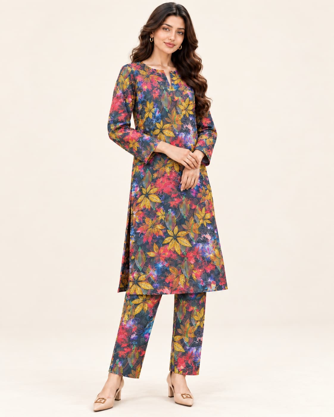 Yellow Leaf Floral Khaddar Unstitched 2 Piece Suit front view - Zaylena Wear