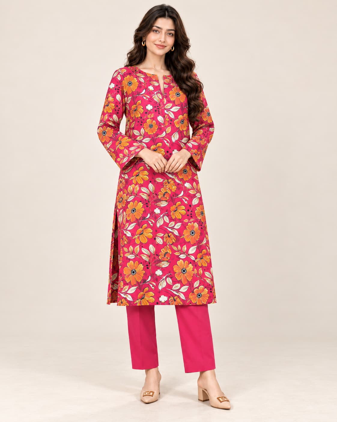 Pink Orange Floral Printed Linen Marina Unstitched 2 Piece Suit front view - Zaylena Wear