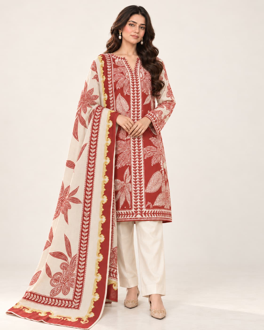Red & Off-White Floral Silk Unstitched 3 Piece Suit front view - Zaylena Wear