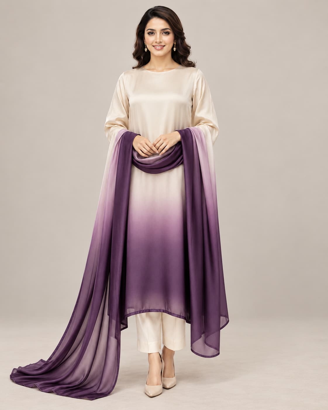 Purple & Off-White Silk Unstitched 3 Piece Suit front view - Zaylena Wear