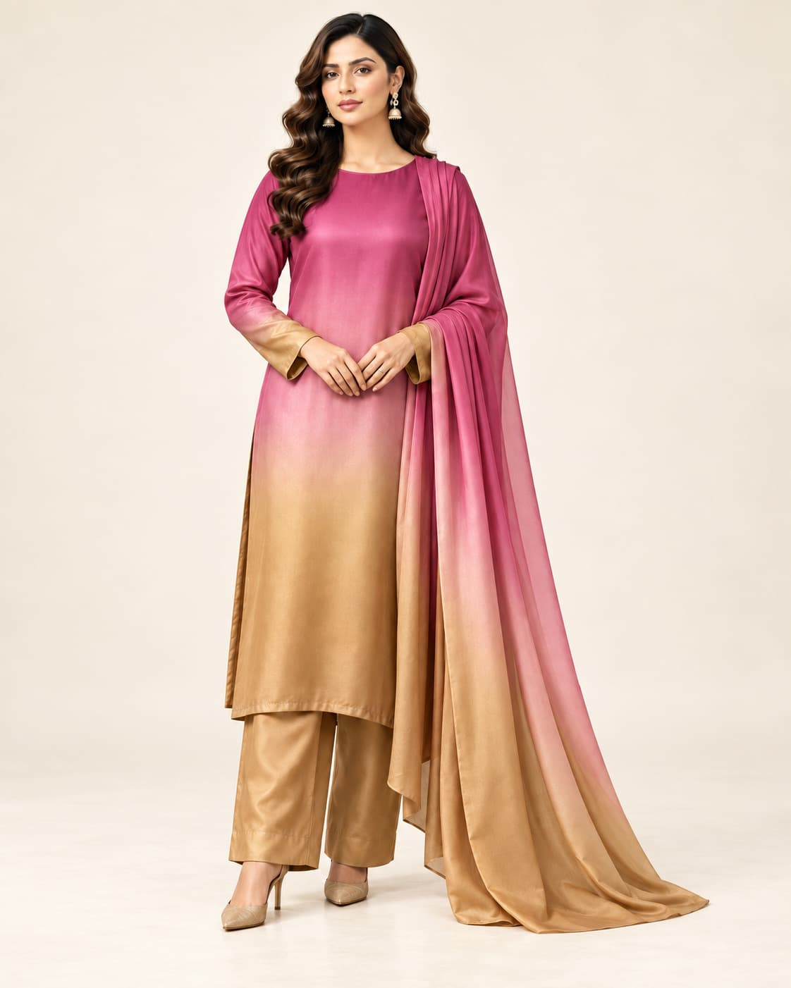 Rose Gold Silk Unstitched 3 Piece Suit front view - Zaylena Wear